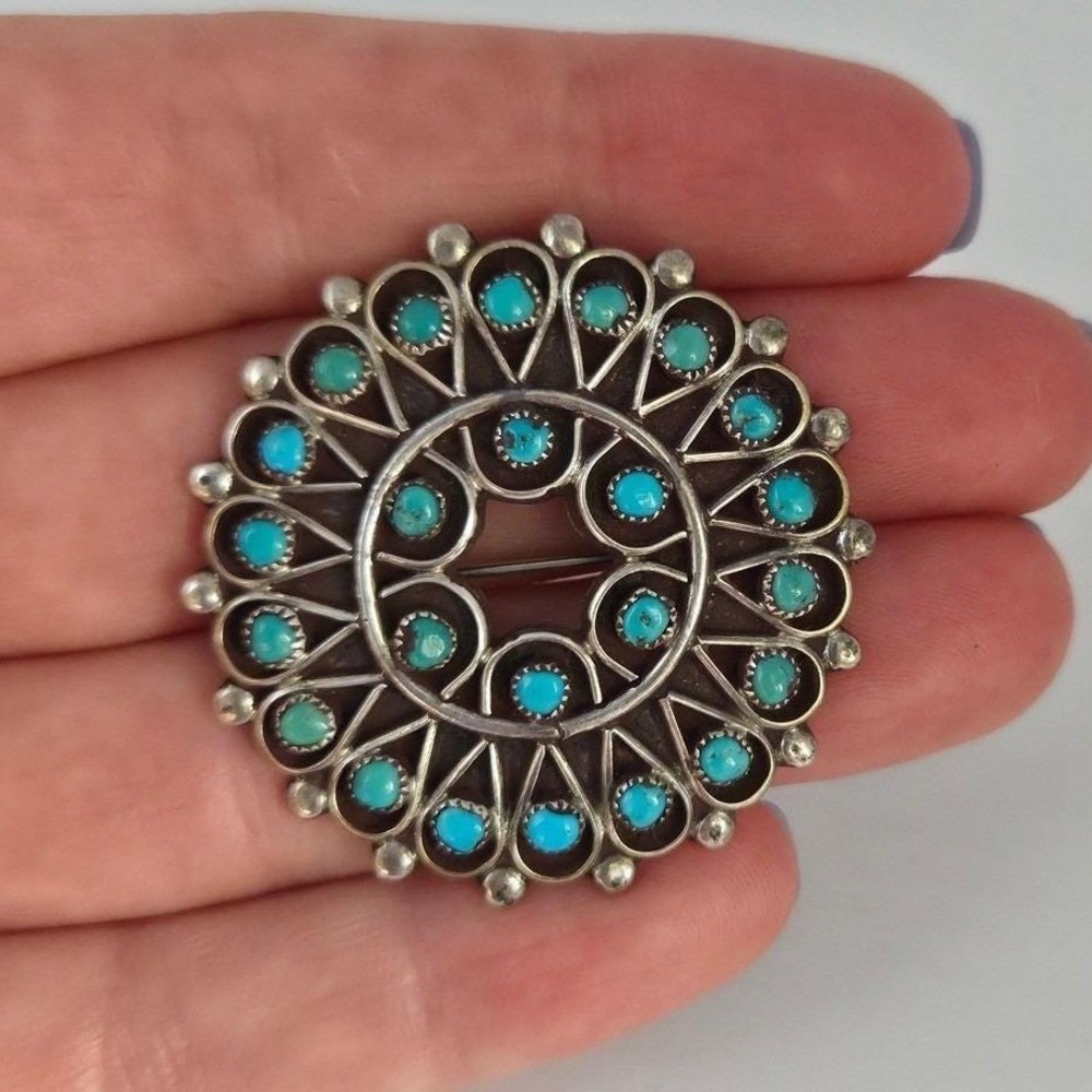 R Dishta Zuni Sterling Silver Turquoise Petit Point Sunburst Brooch Pendant